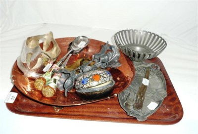 Lot 44 - A WMF pewter dish, bottle holder, copper bowl, salad servers, etc