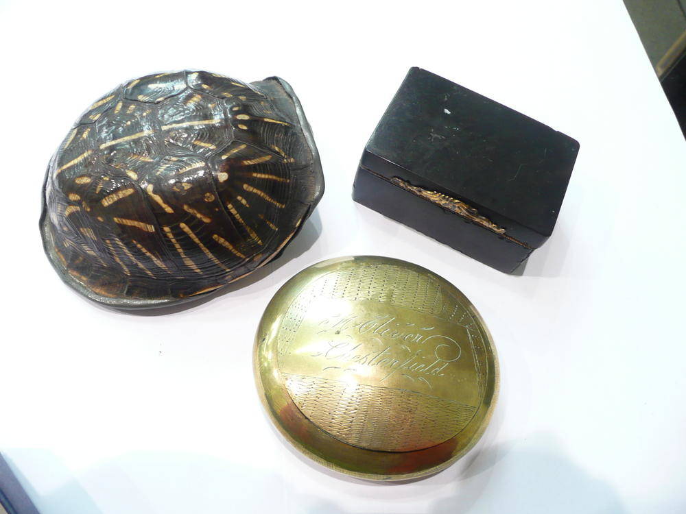 Lot 61 - Tortoiseshell hinged snuff box, pewter-mounted shell snuff box, brass snuff box inscribed 'M...