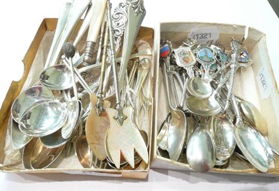 Lot 62 - Silver spoons, souvenir spoons and silver sugar tongs two boxes