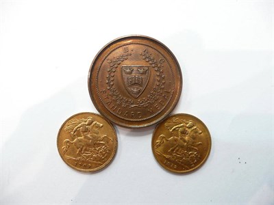 Lot 65 - Two half sovereigns and a standard medal