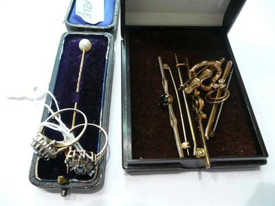 Lot 68 - A cultured pearl stick pin, four bar brooches and two cluster rings