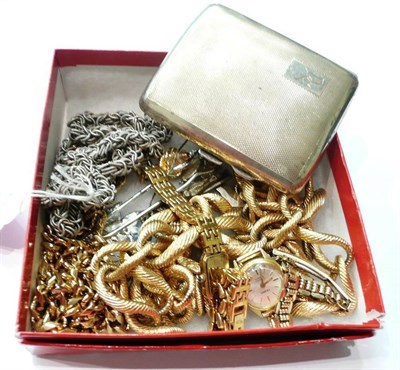 Lot 77 - A silver cigarette case, a paste buckle, a bracelet and necklet set, mother-of-pearl studs, cut...