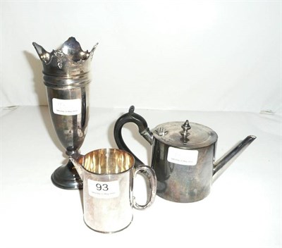 Lot 93 - A silver bachelors teapot, a silver cream jug and a silver spill vase (3)