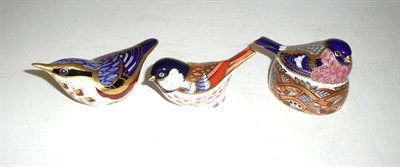 Lot 97 - Three Royal Crown Derby bird paperweights, Cold Tit, Bullfinch nesting and another