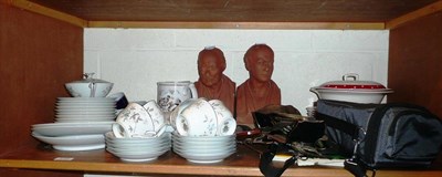 Lot 102 - Quantity of china (a/f), two terracotta busts (a/f), horse brasses, camera and cricket memorabilia