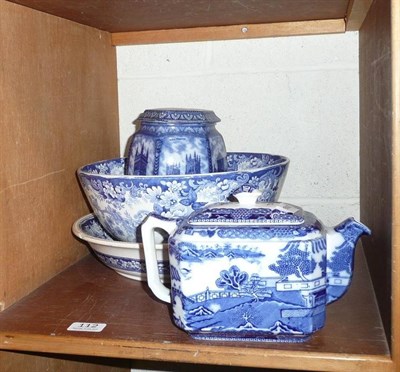 Lot 112 - Maling blue and white tea canister, and tea pot, blue and white bowl and dish