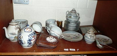 Lot 115 - A shelf including Chinese export porcelain teapot and cover, a travelling 'Jumbo' pocket watch in a