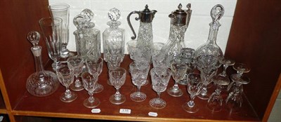 Lot 116 - Two claret jugs, decanters and stoppers, cut glassware, drinking glasses, etc