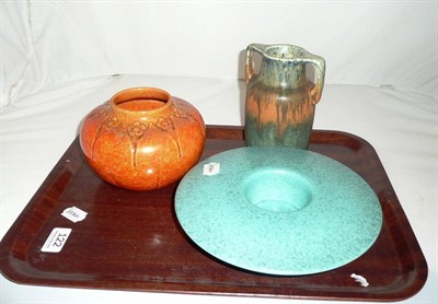 Lot 122 - Ruskin two-handled pottery vase, Royal Lancastrian orange glaze squat vase and a green glaze...