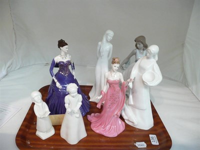 Lot 136 - Coalport figures 'A Royal Engagement', 'Mystique', 'Pretty as a Picture', three Royal Doulton...