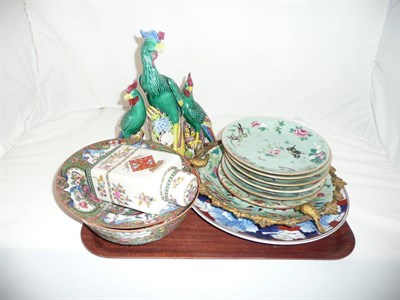 Lot 141 - Gilt metal mounted Chinese plate and six smaller, three pottery birds, famille-rose bowl and...