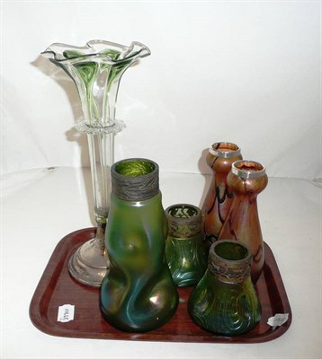 Lot 151 - Pair of silver-mounted glass vases, a pair of green glass vases, another larger and a glass epergne