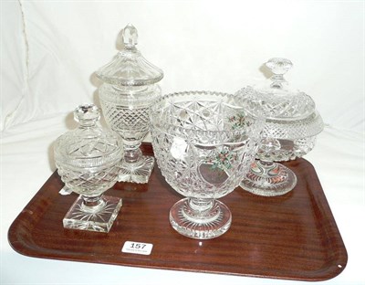 Lot 157 - Two cut glass pedestal jars and covers on square bases, pedestal bowl and cover and floral...