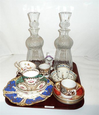 Lot 159 - Tray including a pair of cut glass decanters and stoppers and various 19th century tea wares,...