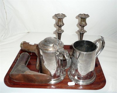 Lot 162 - Tray including a pair of plated candlesticks, two copper boot warmers, plated lidded tankard...