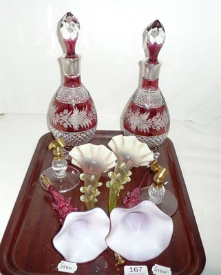 Lot 167 - Pair of cut glass red overlay decanters and stoppers with silver mounts and two modern epergnes (4)