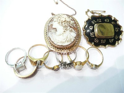 Lot 179 - Memory brooch, cameo brooch and seven rings