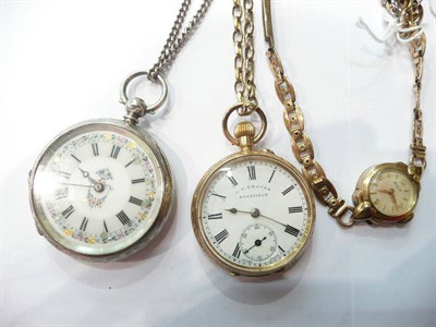 Lot 180 - A lady's 'Avia' wristwatch and two fob watches on chains