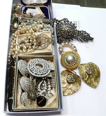 Lot 181 - A Continental chatelaine stamped '800', assorted paste buckles and jewellery, a silver locket...