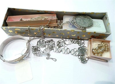 Lot 182 - A silver bangle, two necklaces, a coin pendant on chain, three filigree brooches, a pair of...