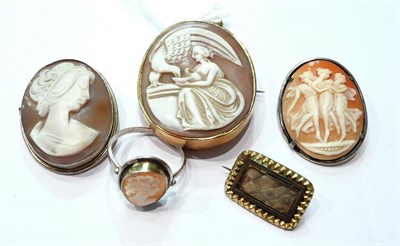 Lot 186 - Three cameo brooches, a memorial brooch and a cameo ring