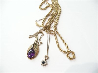 Lot 214 - Three 9ct gold necklaces, a fancy 9ct gold necklace, two 9ct gold chains - one with a sapphire...