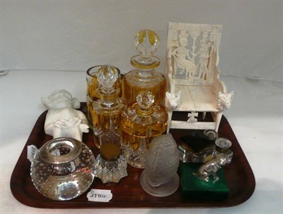 Lot 233 - Silver mounted glass match striker, inkwells, press-moulded glass owl, bulldog on malachite...