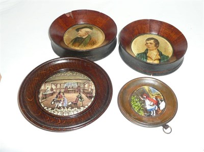 Lot 235 - Framed pot lid, Shakespeare's Birthplace, two circular framed prints and a framed glass paperweight