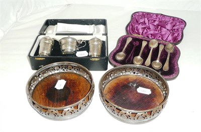 Lot 266 - Silver three piece condiment set, Sheffield 1948, five silver spoons and a pair of Sheffield...