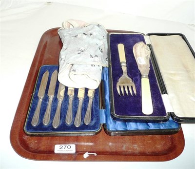 Lot 270 - A set of silver fruit knives and forks, a set of tea knives cased, a pair of fish servers