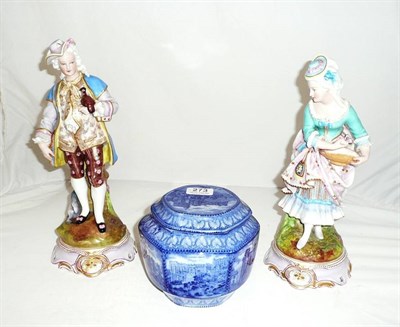 Lot 273 - A pair of French porcelain figures a/f, and a Ringtons blue and white caddy and cover (3)