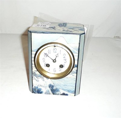 Lot 276 - A blue and white pottery cased mantle clock, J W Benson, London, with key and pendulum