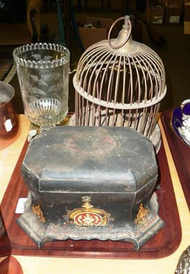 Lot 281 - Tray including two pewter plates, brass chamberstick, celery vase, bird cage, papier-mache tea...