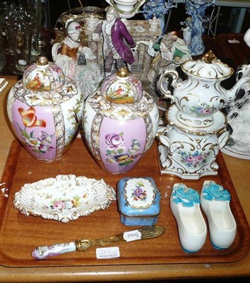 Lot 287 - Continental figural group (a/f) , pair of Dresden vases and covers (a/f), Limoges teapot and stand