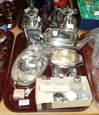 Lot 301 - Tray including silver topped scent bottle, silver tongs, silver pill box, silver napkin ring,...