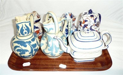 Lot 313 - Tray including three Imari pattern Ironstone jugs, Ridgways pottery jug and cover, Allen Vale...