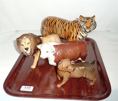 Lot 316 - Beswick lion, tiger, Hereford bull and Norfolk terrier