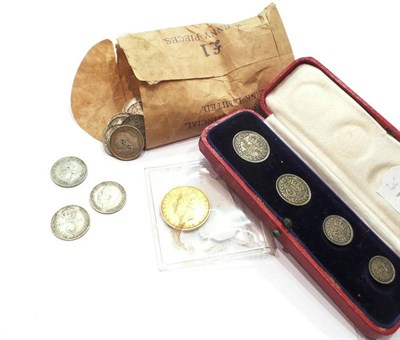 Lot 343 - A cased set of Maundy money, an 1826 shield-back sovereign and some coins