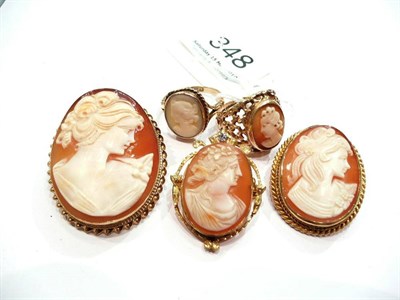 Lot 348 - Two 9ct gold cameo brooches, another cameo brooch and two cameo rings