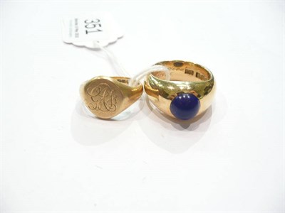 Lot 351 - An 18ct gold signet ring set with lapis bearing inscription and another (2)