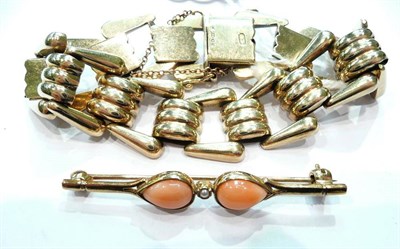 Lot 359 - A 9ct gold coral and seed pearl bar brooch and a 9ct gold fancy link bracelet