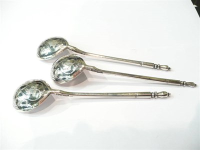 Lot 363 - Three Russian silver spoons, Niello bowls