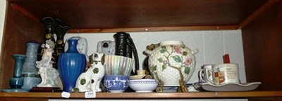 Lot 396 - A shelf of decorative ceramics including Davenport toilet ewer, Royal Worcester flower-moulded moon