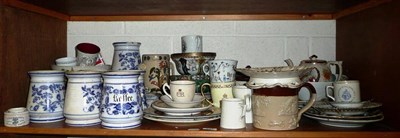 Lot 397 - Shelf of assorted souvenir and commemorative pottery, continental plate with painted portrait, blue