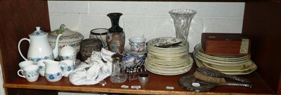 Lot 398 - Shelf including Copeland Spode Royal Jasmine pattern dinner wares, cut glass vase, Wedgwood...