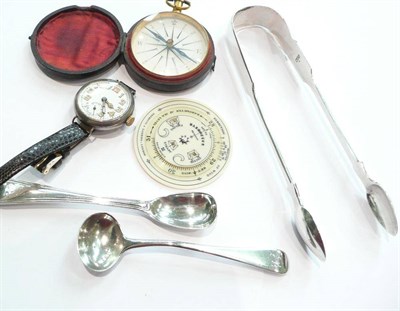 Lot 405 - A pair of tongs, two salt spoons, a watch, leather cased compass and Negretti and Zambra...