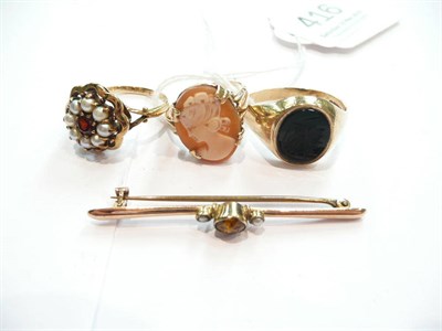 Lot 416 - Garnet and pearl 9ct gold ring, another cameo ring, gent's intaglio ring, 9ct gold pin