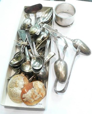 Lot 421 - A quantity of silver salt, teaspoons, napkin rings, two cameos assorted silver etc.