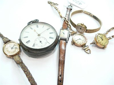 Lot 422 - Four 9ct gold lady's wristwatches, chrome lady's watch and a silver pocket watch