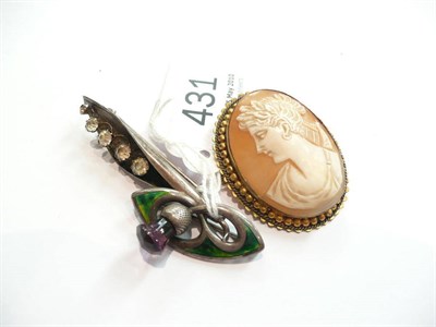 Lot 431 - Charles Horner silver and green enamel thistle brooch, cameo brooch and silver brooch set with...